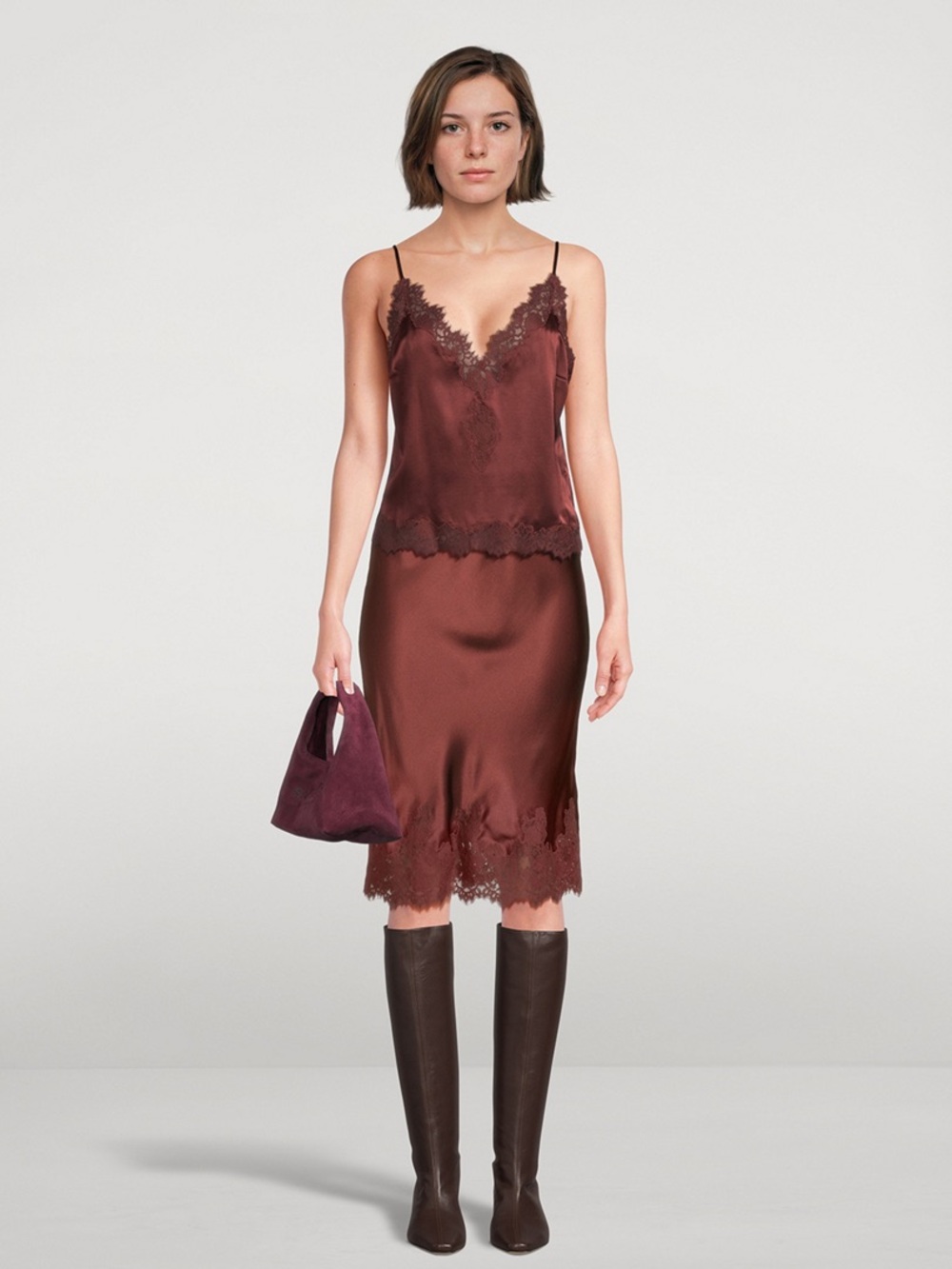 Doen Elowette Silk Lace-Trim Midi Slip Skirt in Cafe Brun. Sz XS. EUC